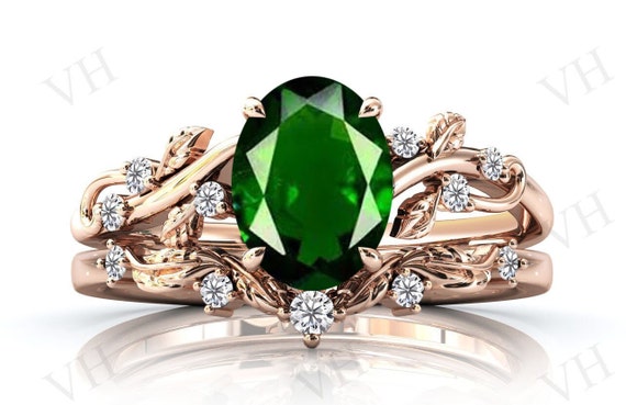 Unique Chrome Diopside Engagement Ring Set Leaf Design Vintage Bridal Ring Set Green Gemstone Wedding Ring Set Anniversary Gift For Women