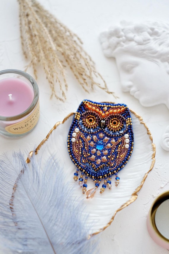Diy Jewelry Making Kit "owl", Seed Beaded Brooch, Bead Embroidery Kit
