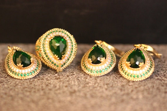 Sterling Silver 925 Emerald Handmade Set, Ottoman Style Set, Silver 925 Ring, Gift For Her, Silver Ring,ottoman Style Ring, Earring, Emerald
