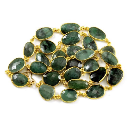 Green Emerald Necklace Bezel Set Stones Off Round Off Oval 24 Inch 14k Gold Filled And Plate Large Faceted Natural African Opaque Stones