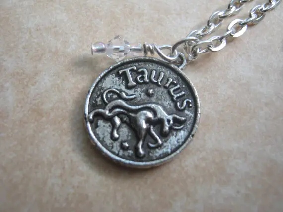 Zodiac Taurus Charm Necklace, April May Birthstone, Diamond Or Emerald Birthstone Crystal, Astrology Jewelry, Choose Your Length, Silver
