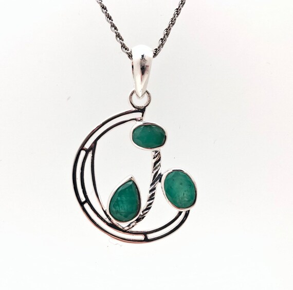 Emerald Pendant // Green Emerald Pendant // Half Circle Silver Setting // Emerald Jewelry