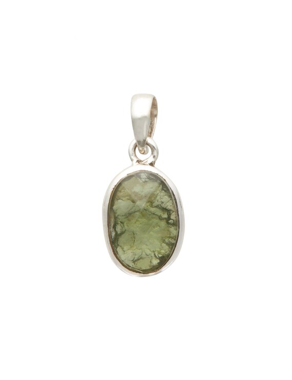 Faceted Moldavite Pendant - Genuine Moldavite Necklace - Moldavite Oval In Sterling Silver - Faceted Moldavite Gemstone Pendant - #3