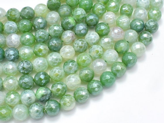 Mystic Coated Fire Agate- Green, 8mm Faceted Round Beads, Ab Coated, 15 Inch, Full Strand, Approx. 47 Beads, Hole 1mm (122025336)