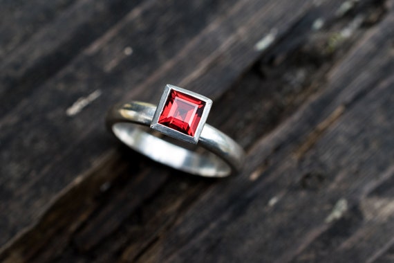 Garnet Ring, Anniversary Gift For Wife, Garnet Engagement Ring, Square Silver Ring, January Birthstone Ring