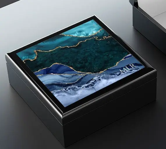 Geode Art Keepsake Box For Men - Custom, Agate Print Mens Jewelry Box Wooden, Black Wood Keepsake Box Gift For Him
