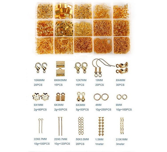 Gold Jewelry Findings Set, Jewelry Making Kit, Lobster Clasps, Jump Rings, Ribbon Ends, Ribbon Clamp Crimps, Chains
