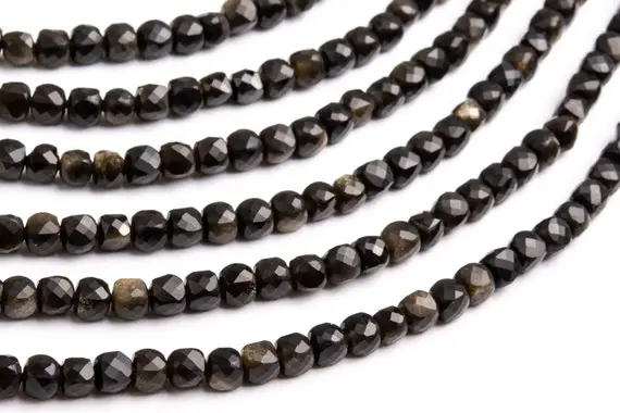 Genuine Natural Golden Obsidian Gemstone Beads 4-5mm Black Faceted Cube Aaa Quality Loose Beads (111653)