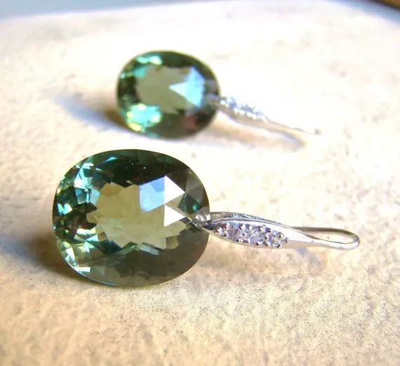 Luxury Natural Green Amethyst Pave Earrings.  Sterling Silver Dangles.  36 Carats.  Statement Jewelry