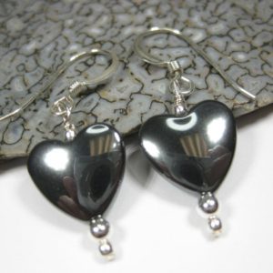 Hematite Heart Earrings in Sterling Silver Wire on Sterling Silver French Hooks or Sterling Silver Leverbacks | Natural genuine Gemstone earrings. Buy crystal jewelry, handmade handcrafted artisan jewelry for women.  Unique handmade gift ideas. #jewelry #beadedearrings #beadedjewelry #gift #shopping #handmadejewelry #fashion #style #product #earrings #affiliate #ad