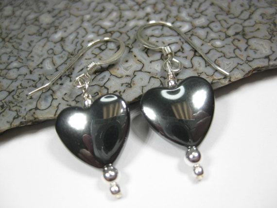 Hematite Heart Earrings In Sterling Silver Wire On Sterling Silver French Hooks Or Sterling Silver Leverbacks