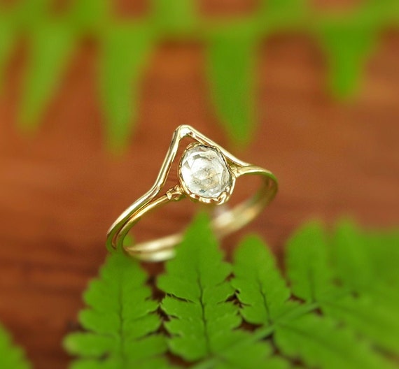 Herkimer Diamond Chevron Wedding Ring Set, Alternative Diamond Engagement Ring, Rustic Boho Diamond Ring, Unique Rough Crystal Wedding Ring