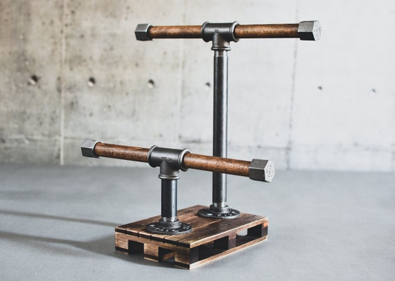 Industrial Pipe Watch Stand Rack Bracelet Palette Base,wooden Holder Rustic Loft Men's Accessories Style Jewelry For Watches Two Crossbars