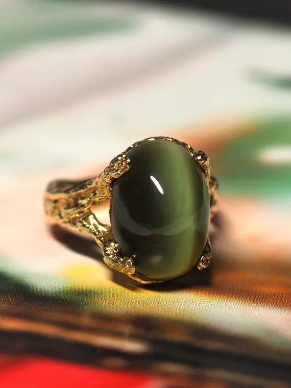 Cat's Eye Nephrite Ring Jade Gold Chatoyancy Engagement Ring Cocktail Natural Green Jade Gemstone Gold Gift Mens May Birthstone Jewelry Lotr