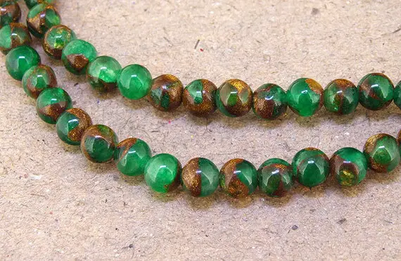 One Full Strand -- Charm Round Zambian Gold Green Jade Stone Gemstone Beads--- 6mm ----about 65pieces---- 15.5" In Length