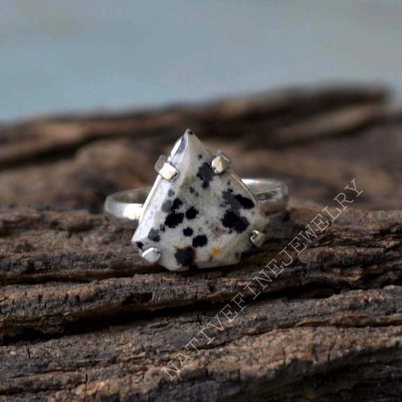 Dalmatian Jasper Ring, 925 Sterling Silver Ring, Diamond Shape Dalmatian Gemstone Ring, Prong Set Ring, Birthstone Gift Ring, Fine Gift Ring