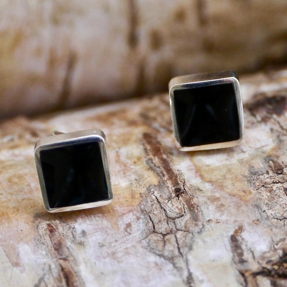 Whitby Jet Silver Stud Earrings Square Design