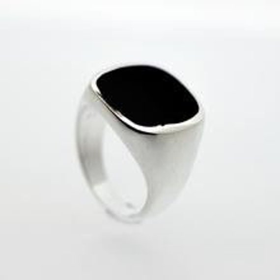 Whitby Jet Gents Rectangle Silver Ring - Handmade - Sterling Silver