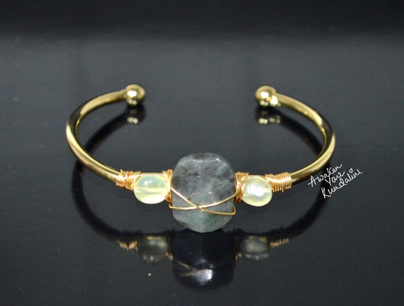 Raw Labradorite Cuff Bracelet | Gold Bangle, Rough Stone, Labradorite Jewelry, Raw Gemstone Jewelry, Gift For Her, Chunky Labradorite