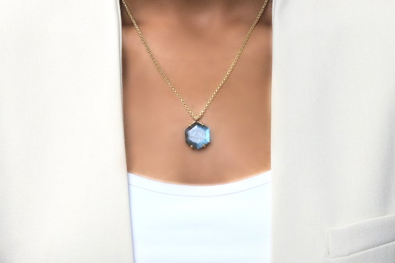 Labradorite Hexagon Necklace · Long Chain Necklace · Vermeil Gemstone Necklace · Vintage Semiprecious Necklace · Women Necklaces