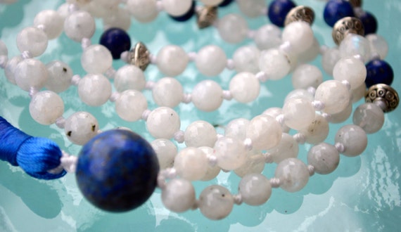 Moonstone & Lapis Lazuli Hand Knotted Mala Beads Necklace - Karma Nirvana Meditation 8mm 108 Prayer Beads For Chanting And Awakening Cha