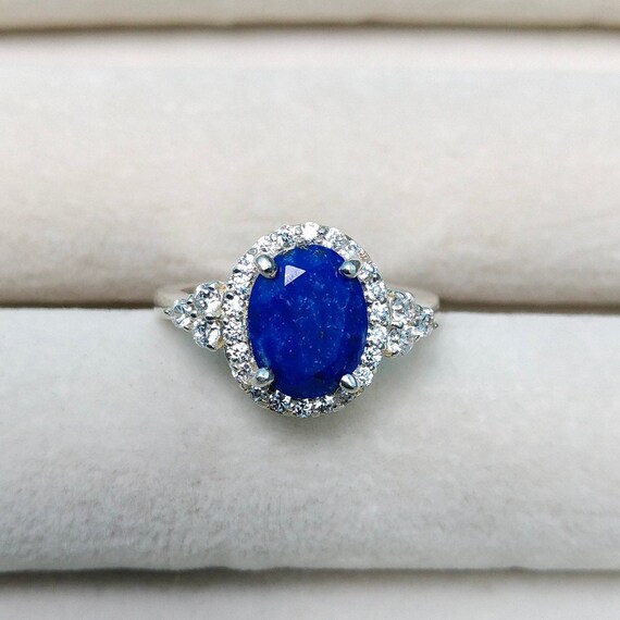Natural Lapis Lazuli Halo Ring, 925 Sterling Silver Ring, Oval Lapis Lazuli Ring, Faceted Lapis Lazuli Ring, Top Quality Lapis Lazuli Ring