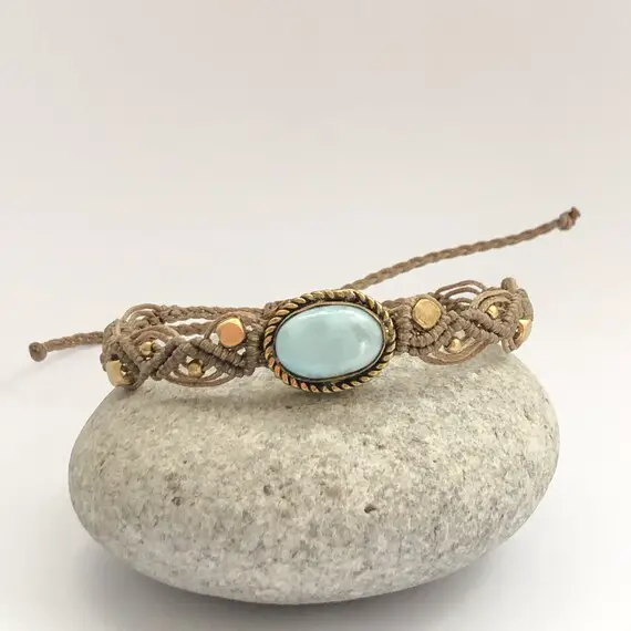 Blue Larimar Brass Macrame Bracelet, Wide Macrame Bracelet, Natural Larimar Gemstone Bracelet, Blue Stone And Brass Bracelet, Gift For Her