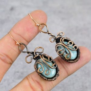 Larimar Copper Earrings Copper Wire Wrapped Gemstone Earrings Copper Jewelry Dangle Earrings For Girls Gift For Her Larimar Jewelry | Natural genuine Gemstone earrings. Buy crystal jewelry, handmade handcrafted artisan jewelry for women.  Unique handmade gift ideas. #jewelry #beadedearrings #beadedjewelry #gift #shopping #handmadejewelry #fashion #style #product #earrings #affiliate #ad