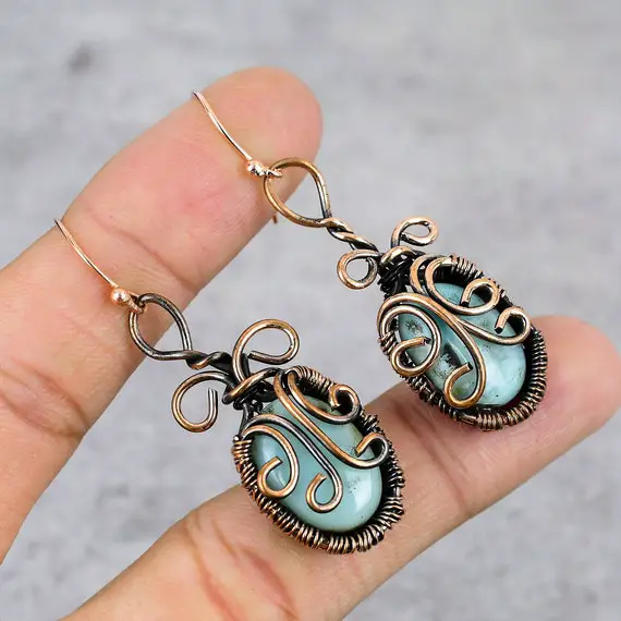Larimar Copper Earrings Copper Wire Wrapped Gemstone Earrings Copper Jewelry Dangle Earrings For Girls Gift For Her Larimar Jewelry
