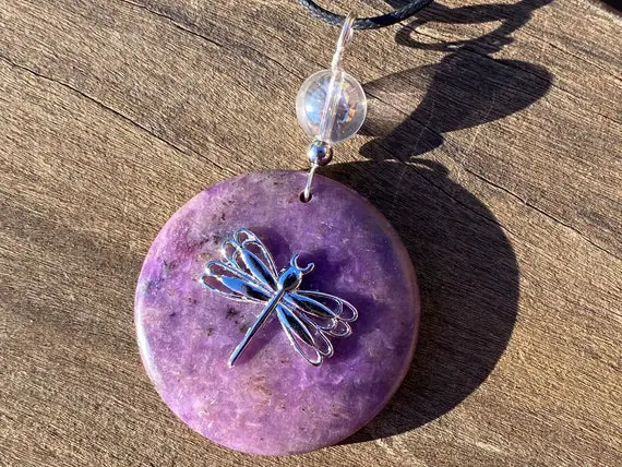 Lepidolite And Angel Aura With Dragonfly Healing Stone, Empath Protection, Necklace With Positive Energy!