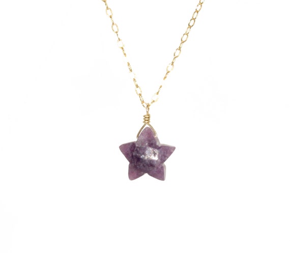 Crystal Necklace, Lepidolite Necklace, Purple Stone Pendant, Star Necklace, A Purple Lepidolite Crystal On A 14k Gold Filled Chain