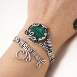 Silver Malachite Bracelet, Malachite Cuff Bracelet Silver, Unique Bracelets For Women, Wire Wrapped Jewelry Handmade, Unique Gift For Women | Natural genuine Array jewelry. Buy crystal jewelry, handmade handcrafted artisan jewelry for women.  Unique handmade gift ideas. #jewelry #beadedjewelry #beadedjewelry #gift #shopping #handmadejewelry #fashion #style #product #jewelry #affiliate #ad