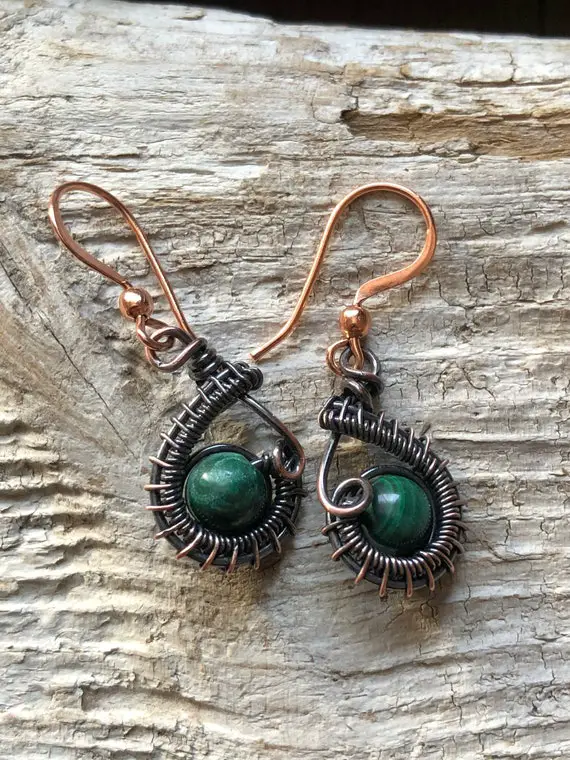 Malachite Earrings, Malachite And Copper Earrings, Malachite Dangle Earrings
