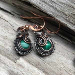 Malachite Earrings, Malachite and Copper Earrings, Malachite Dangle Earrings | Natural genuine Malachite earrings. Buy crystal jewelry, handmade handcrafted artisan jewelry for women.  Unique handmade gift ideas. #jewelry #beadedearrings #beadedjewelry #gift #shopping #handmadejewelry #fashion #style #product #earrings #affiliate #ad