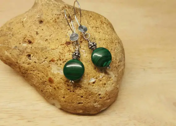 Bali Silver Malachite Earrings. Green Drop Earrings. Reiki Jewelry. Gemstone Dangle Earrings.