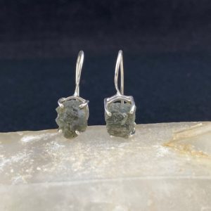 Shop Moldavite Earrings! Cheb: Rough Moldavite and Sterling Silver Drop Earrings (B-5) | Natural genuine Moldavite earrings. Buy crystal jewelry, handmade handcrafted artisan jewelry for women.  Unique handmade gift ideas. #jewelry #beadedearrings #beadedjewelry #gift #shopping #handmadejewelry #fashion #style #product #earrings #affiliate #ad