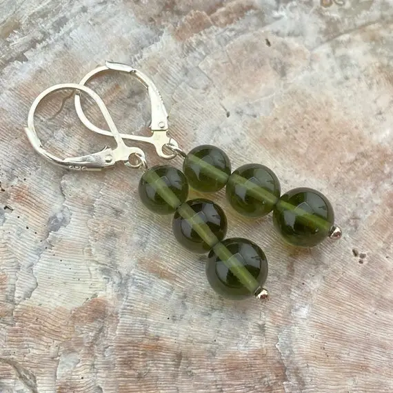 Whitney Polished Moldavite Beads And Sterling Silver Dangle Earrings (9-2)