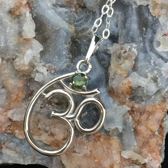 Om Symbol, 5mm Round Faceted Genuine Moldavite And Sterling Silver Rhodium Plated Pendant