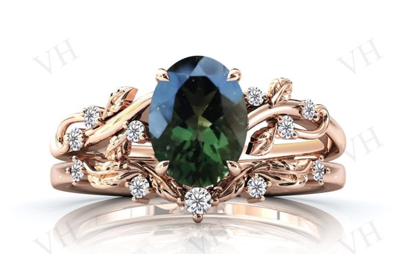 Vintage Moldavite Engagement Ring Set Oval Cut Moldavite Wedding Ring Set Leaf Design Art Deco Bridal Ring Set Unique Promise Ring For Women