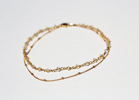 Gold Moonstone Bracelet, Tiny Gemstone Layering Chains Bracelet, Small Bead & Satellite Chain Bracelet