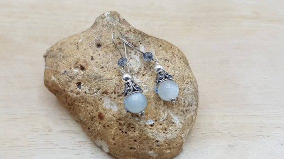 Moonstone Cone Earrings. Bali Silver. June Birthstone. Reiki Jewelry Uk. White Gemstone Dangle Drop Earrings. 10mm Stones