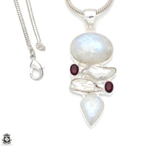 Shop Moonstone Pendants! 3.2 Inch Moonstone Garnet Pearl Necklace Silver Pendant & FREE 3MM Italian 925 Sterling Silver Chain P8317 | Natural genuine Moonstone pendants. Buy crystal jewelry, handmade handcrafted artisan jewelry for women.  Unique handmade gift ideas. #jewelry #beadedpendants #beadedjewelry #gift #shopping #handmadejewelry #fashion #style #product #pendants #affiliate #ad