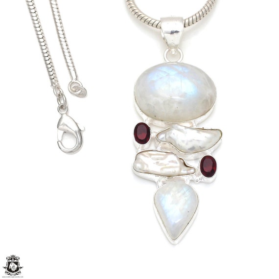 3.2 Inch Moonstone Garnet Pearl Necklace 925 Sterling Silver Pendant & 3mm Italian 925 Sterling Silver Chain P8317