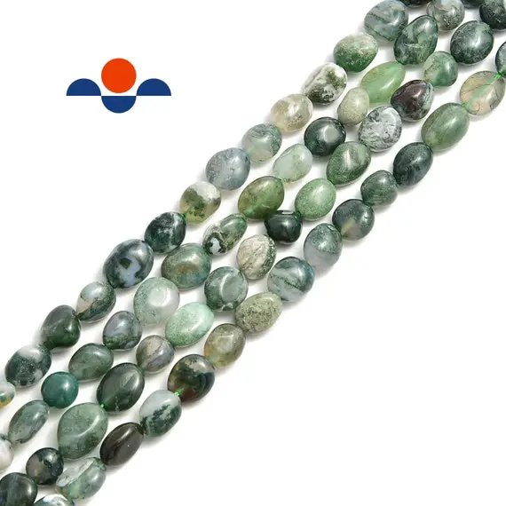 Moss Agate Smooth Pebble Nugget Beads Approx 10-12mm 15.5" Strand