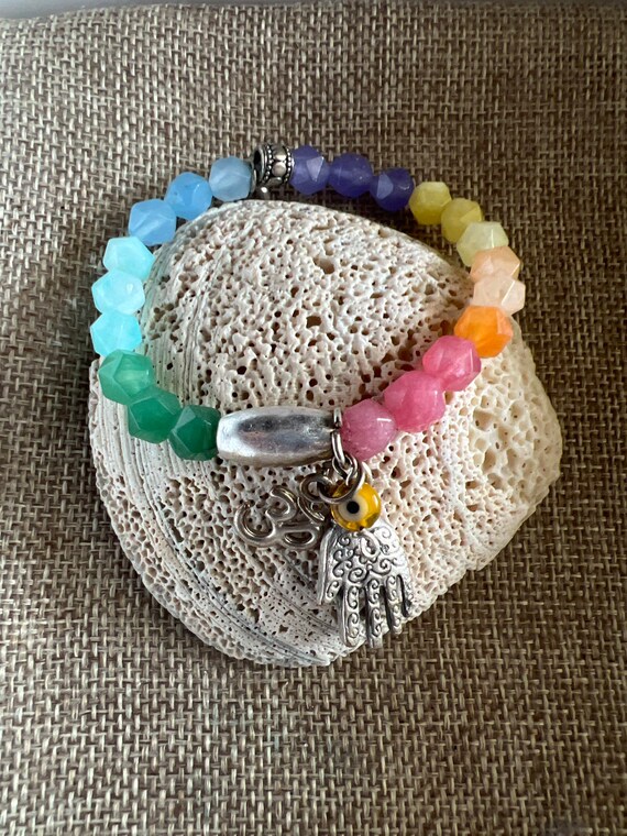 Multicolor Charm Bracelet /chakra Beads /hamsa Hand Bangle/ Boho Style/yogi Bracelet/trio Yogi Charm