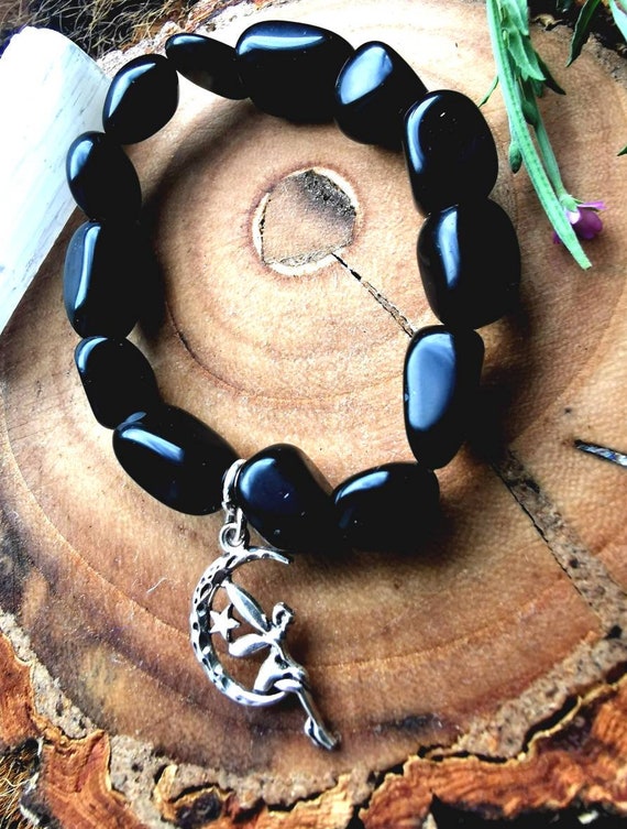 Obsidian Chunky Stretch . Black Obsidian Charm Bracelet, Mother's Day Gift, Valentines.