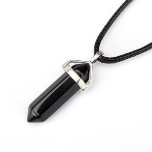Shop Obsidian Pendants! Black Obsidian Pendulum Pendant Healing Point 40x8mm Silver Leather Cord | Natural genuine Obsidian pendants. Buy crystal jewelry, handmade handcrafted artisan jewelry for women.  Unique handmade gift ideas. #jewelry #beadedpendants #beadedjewelry #gift #shopping #handmadejewelry #fashion #style #product #pendants #affiliate #ad