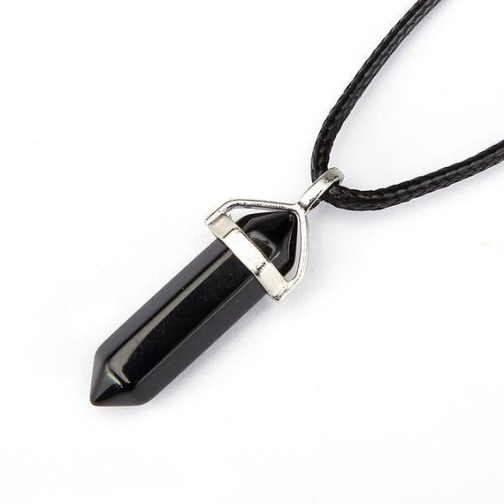 Black Obsidian Pendulum Pendant Healing Point 40x8mm Silver Leather Cord