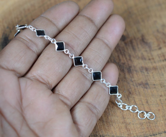 Black Onyx 925 Sterling Silver Faceted Gemstone Adjustable Bezel Bracelet ~ Gift For Her