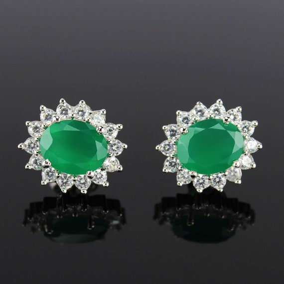 Emerald Green Onyx Studs - Onyx Studs Earrings -green Onyx Cluster Studs Earrings-onyx Vintage Studs-bridesmaid Theme Gift-925 Silver Studs
